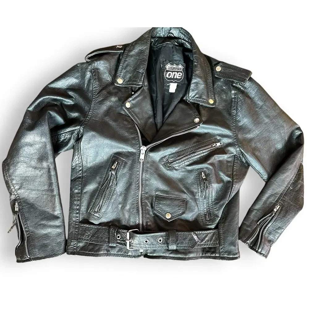 Vintage Highway One Motorcycle Black Moto Jacket M Oversized Belted Lined